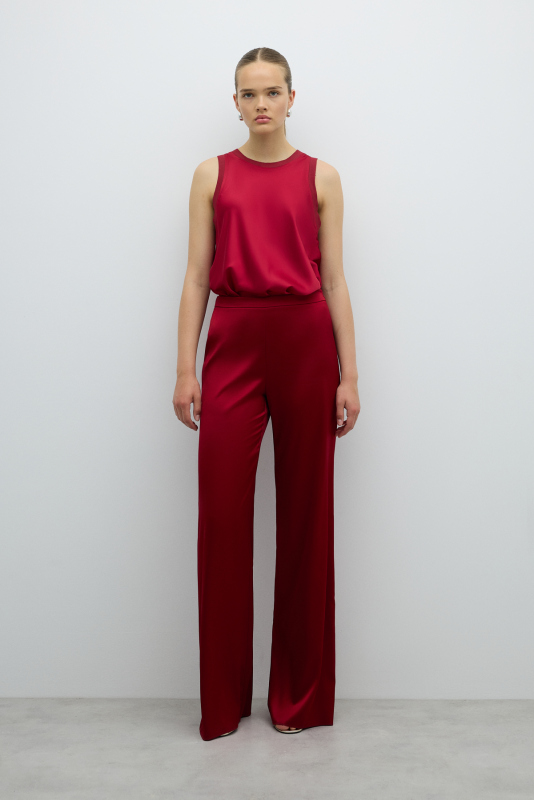 Düz Paça Saten Pantolon Bordo - 1