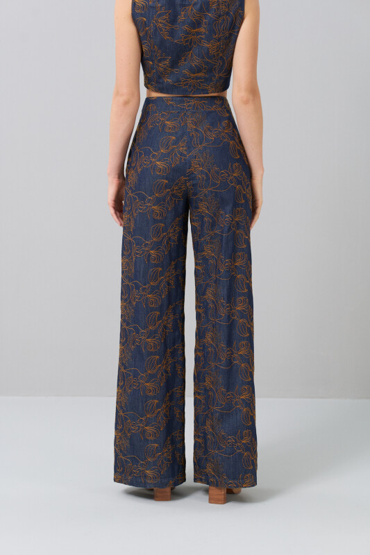 İşlemeli Geniş Paça Denim Pantolon Lacivert - Roman (1)