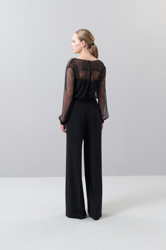 Kruvaze Taşlı Geniş Paça Crep Tulum Siyah - Roman (1)