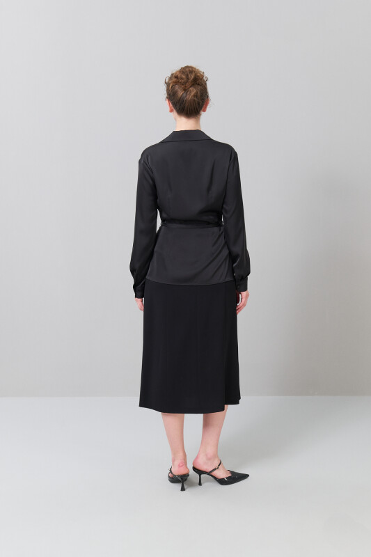 Önü Kruvaze Beli Bağlamalı Saten Bluz Siyah - Roman (1)