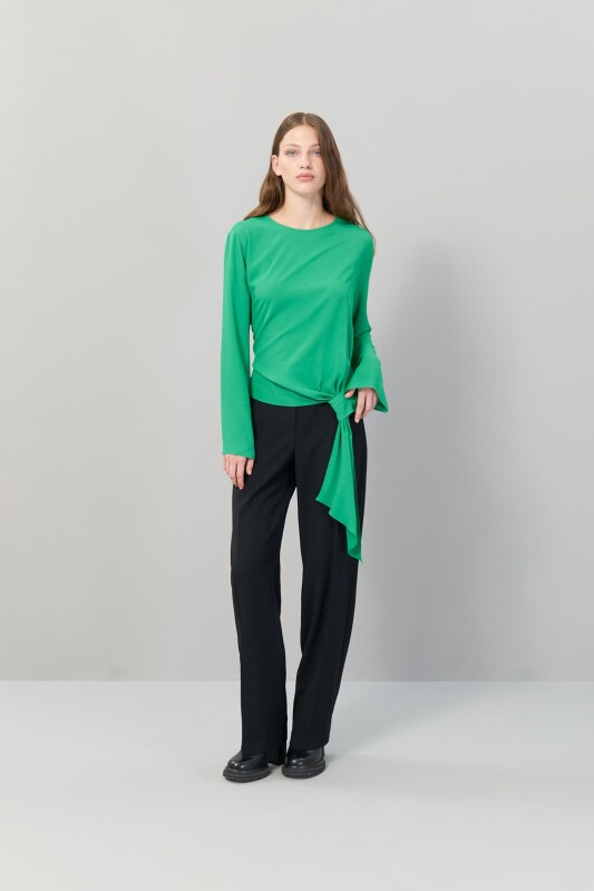 Yanı Kuşak Detaylı Bisiklet Yaka Bluz Yeşil - 3