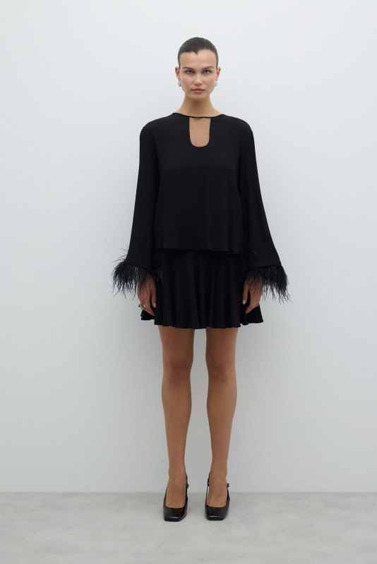 Otriş Kol Detaylı Dokuma Bluz Siyah - 5