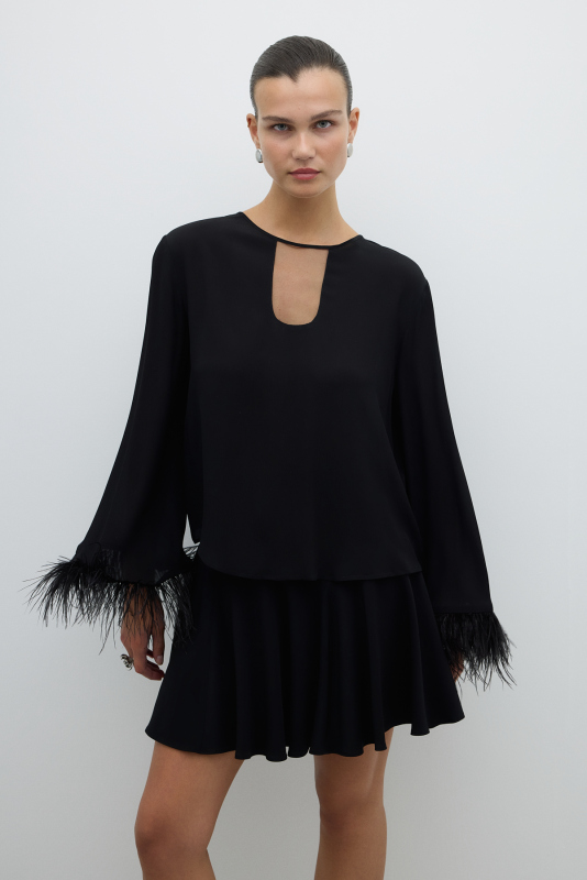 Otriş Kol Detaylı Dokuma Bluz Siyah - 2