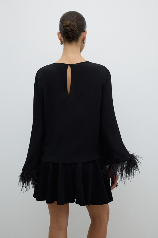 Otriş Kol Detaylı Dokuma Bluz Siyah - 1