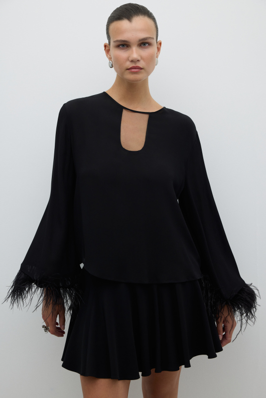 Otriş Kol Detaylı Dokuma Bluz Siyah - 4