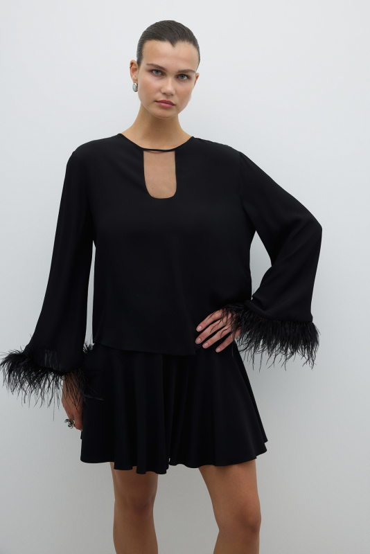 Otriş Kol Detaylı Dokuma Bluz Siyah - 3