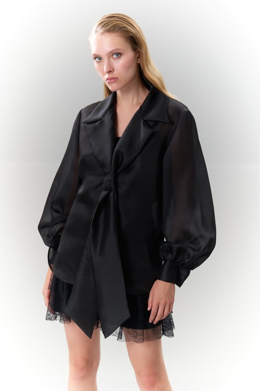 Erkek Yaka İpek Organze Gömlek Siyah - 4