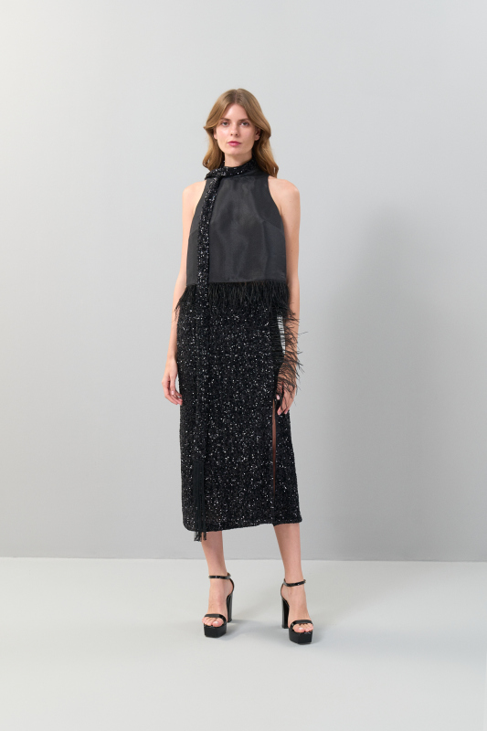 Otriş Aksesuarlı Halter Yaka Bluz Siyah - 3