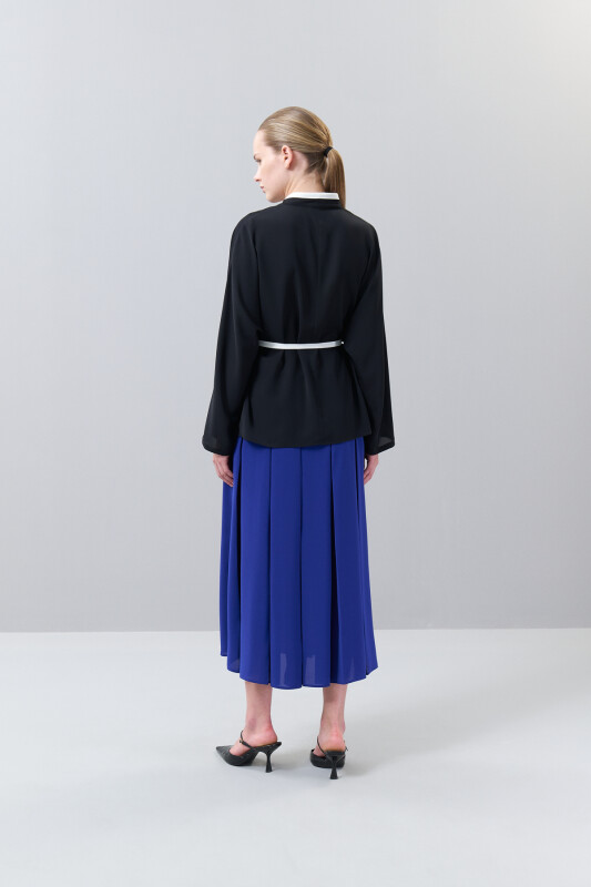 Bel Bağlama Detaylı Kruvaze Yaka Gömlek Siyah - Roman (1)