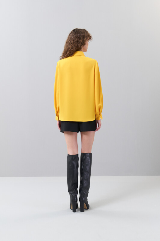 Yakası Bağlama Detaylı Uzun Kol Gömlek Sarı - Roman (1)