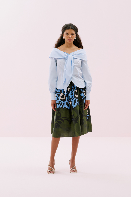 Bağlama Detaylı Madonna Yaka Gömlek Mavi - 4