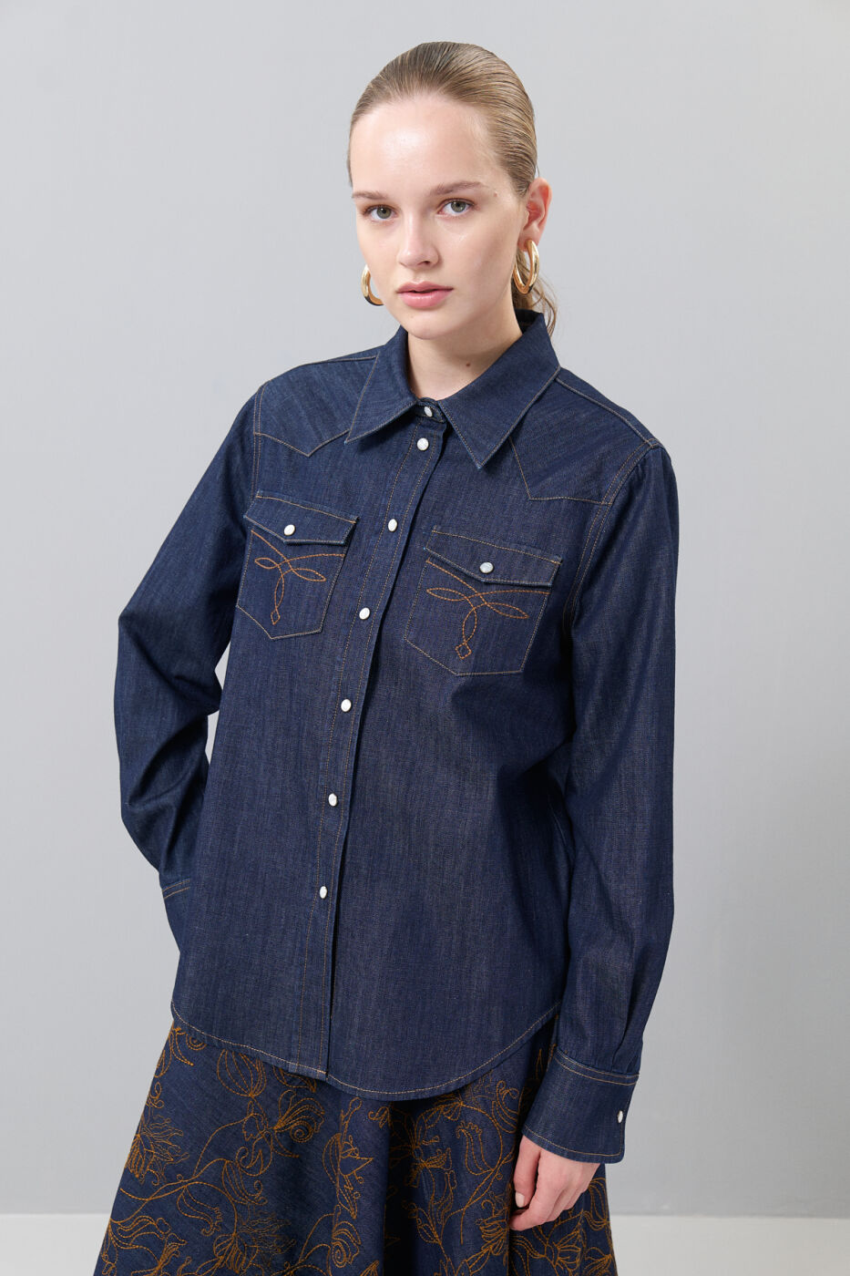 Çıtçıtlı Denim Gömlek Lacivert - 1