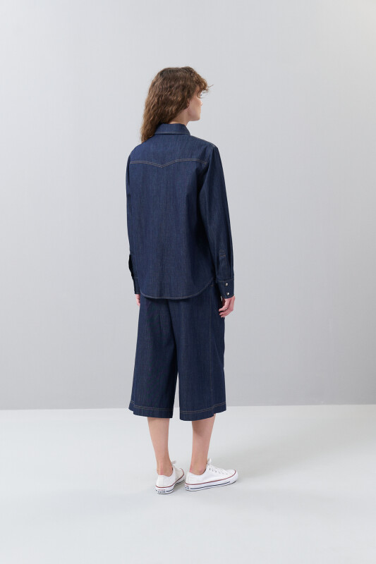 Yakası Bağlama Detaylı Denim Gömlek Lacivert - Roman (1)