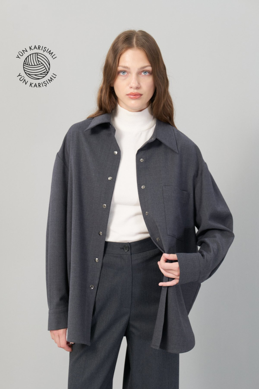 Çıtçıtlı Yün Gömlek Koyu Gri - 1