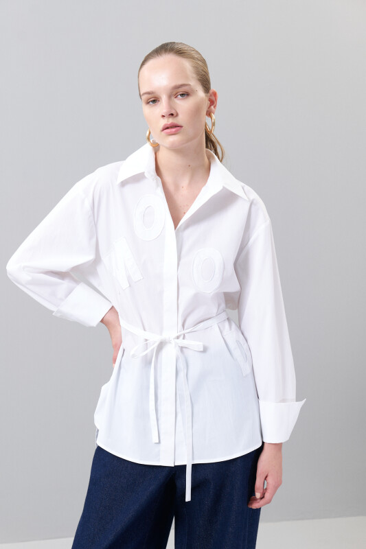 Nakışlı Beli Kuşaklı Gömlek Beyaz - Roman (1)