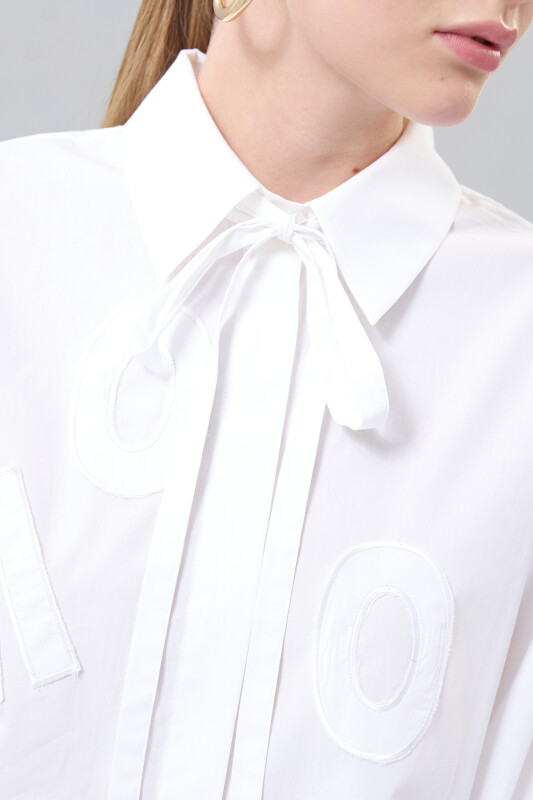 Nakışlı Beli Kuşaklı Gömlek Beyaz - 3