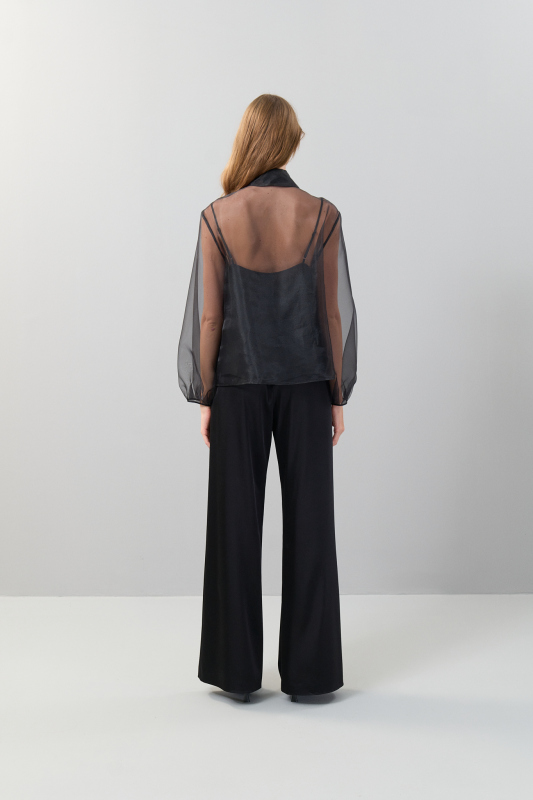 Boncuk İşlemeli Balon Kol Organze Gömlek Siyah - Roman (1)