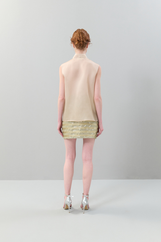 Yakası Bağlamalı İpek Bluz Bej - 2