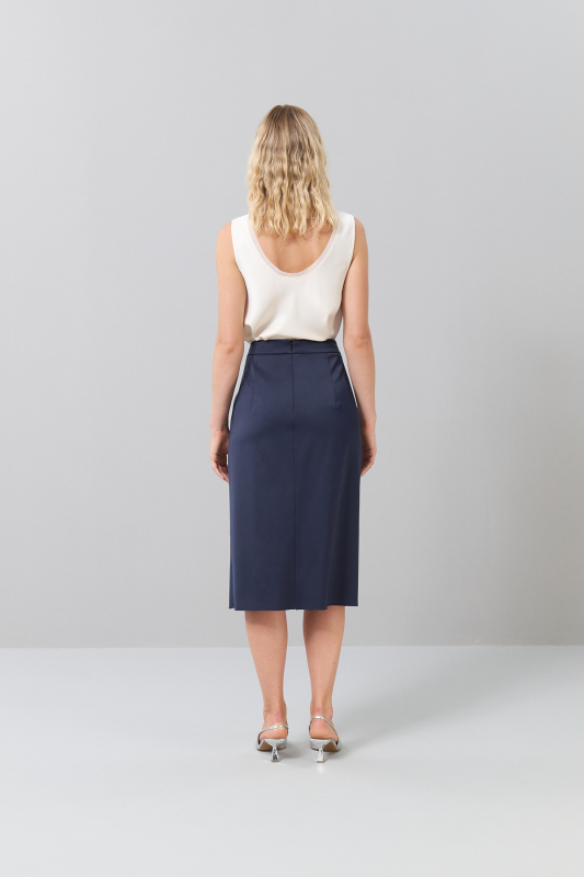 Volan Ve Yırtmaç Detaylı Midi Boy Saten Etek Lacivert - Roman (1)