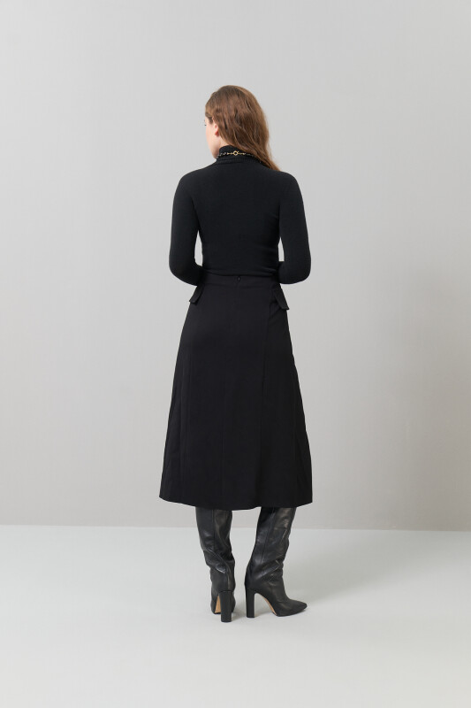 Gold Zincir Detaylı Midi Boy Etek Siyah - Roman (1)