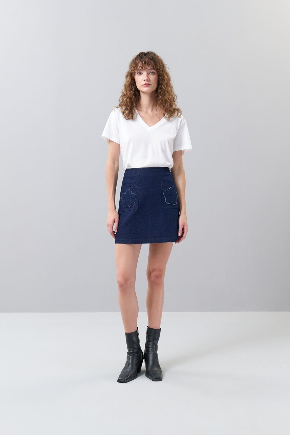 Papatya Motifli Mini Denim Etek Lacivert - 1