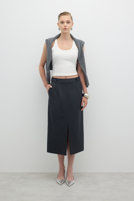 Yırtmaçlı Midi Boy Etek Standart Renk - 1