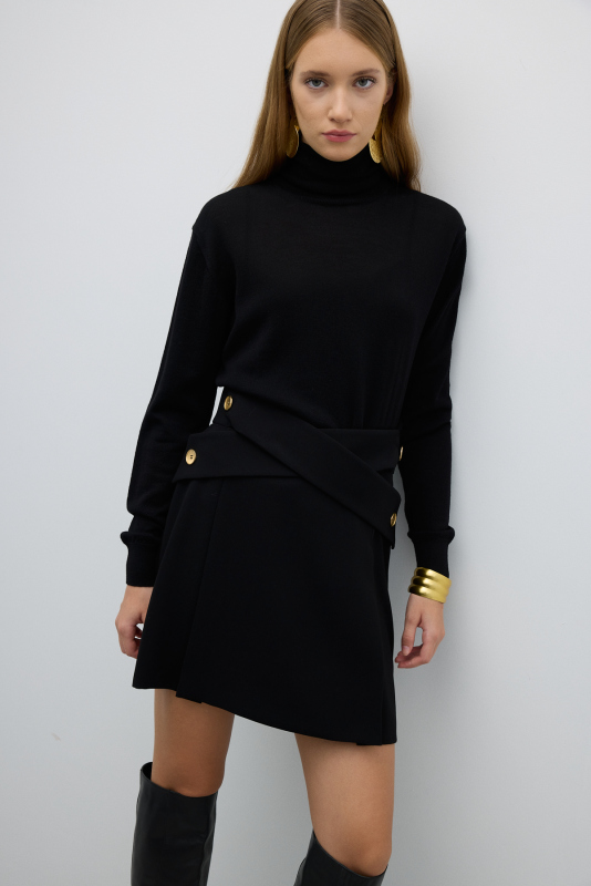 Çift Kemer Görünümlü Gold Düğmeli Mini Etek Siyah - 3