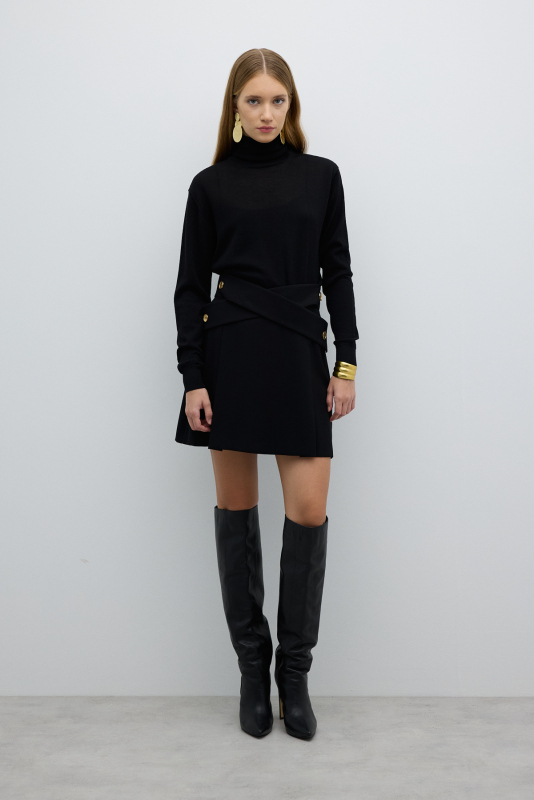 Çift Kemer Görünümlü Gold Düğmeli Mini Etek Siyah - Roman