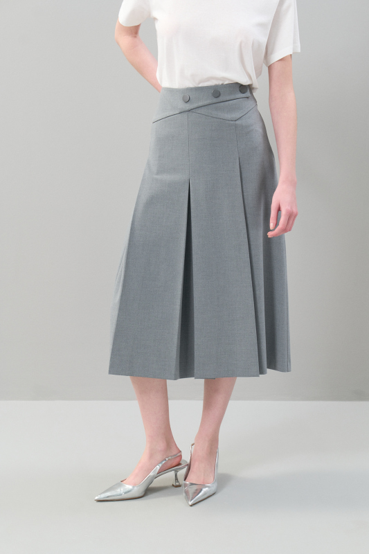 Pileli Midi Boy Yün Etek Gri - 3