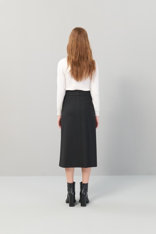 Pileli Midi Boy Yün Etek Siyah - Roman (1)