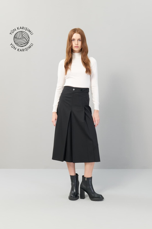 Pileli Midi Boy Yün Etek Siyah - Roman