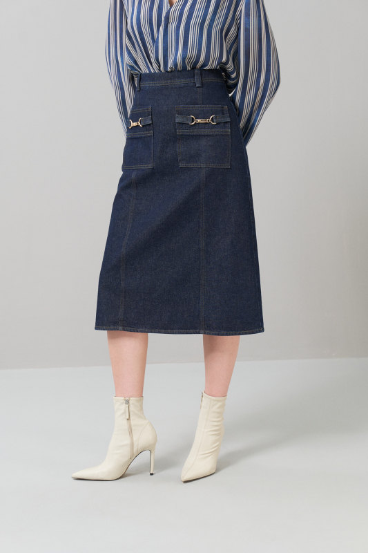 Aksesuar Detaylı Denim Midi Boy Etek Lacivert - 3