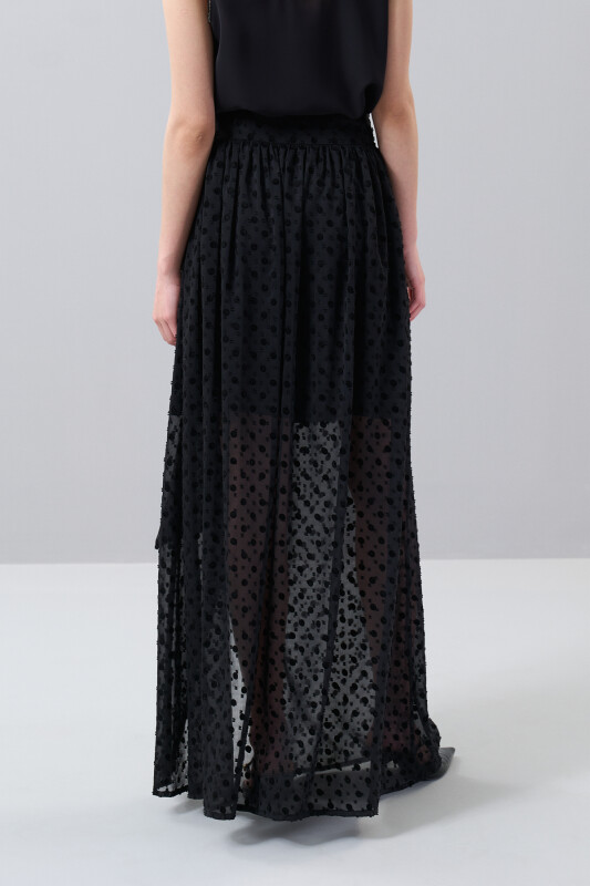 Puantiye Desenli Derin Yırtmaçlı Etek Siyah - Roman (1)