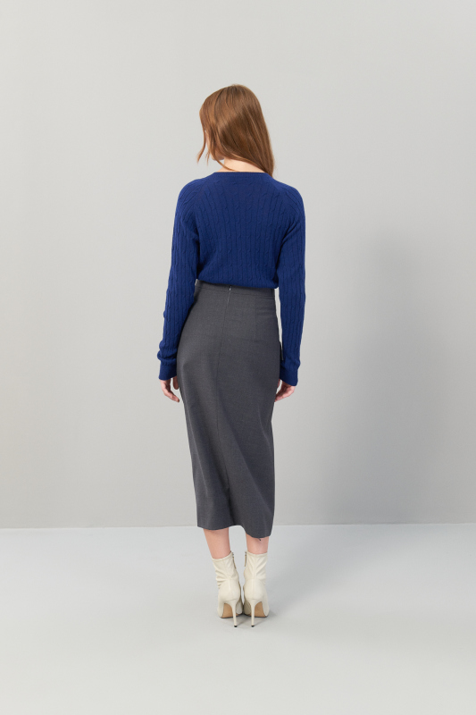 Yün Yırtmaçlı Midi Boy Etek Koyu Gri - 2