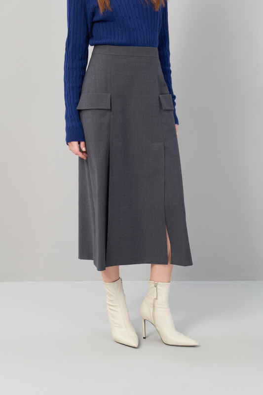 Yün Yırtmaçlı Midi Boy Etek Koyu Gri - 3