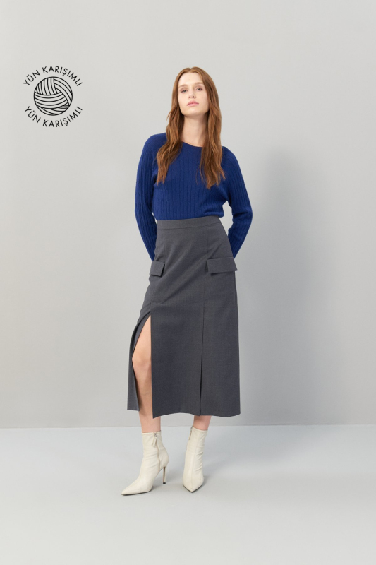 Yün Yırtmaçlı Midi Boy Etek Koyu Gri - 1