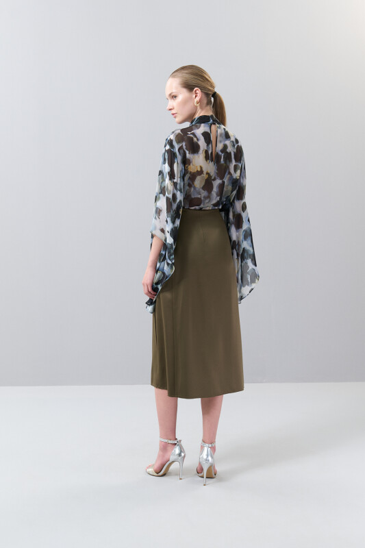 Yırtmaç Detaylı Midi Boy Saten Etek Haki - Roman (1)