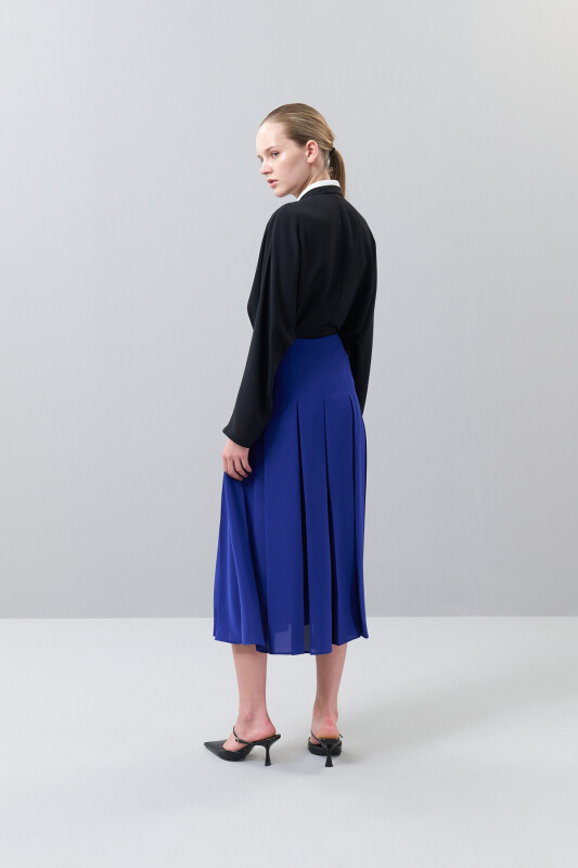 Pileli Yırtmaçlı Midi Boy Etek Saks - Roman (1)