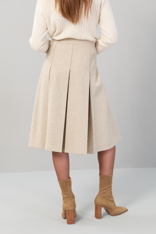 Pileli Midi Boy Yün Etek Bej - 2