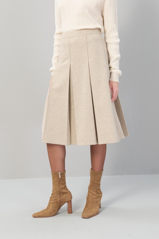 Pileli Midi Boy Yün Etek Bej - 3