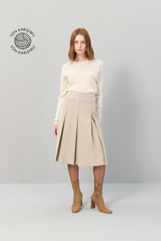 Pileli Midi Boy Yün Etek Bej - 1