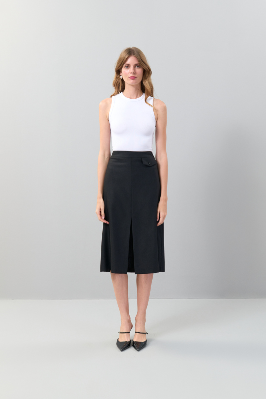 Yırtmaçlı Midi Boy Yün Etek Siyah - 3