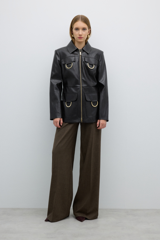 Gold Metal Aksesuarlı Önü Fermuarlı Ceket Kahve - 3