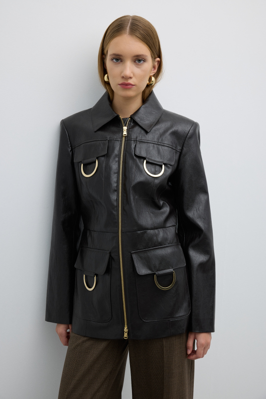 Gold Metal Aksesuarlı Önü Fermuarlı Ceket Kahve - 1