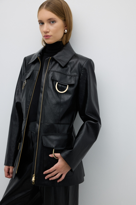 Gold Metal Aksesuarlı Önü Fermuarlı Ceket Siyah - 4