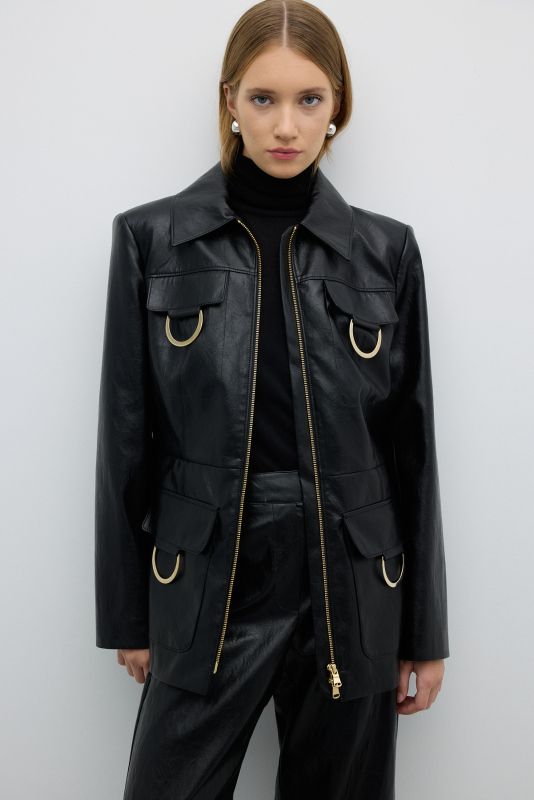 Gold Metal Aksesuarlı Önü Fermuarlı Ceket Siyah 
