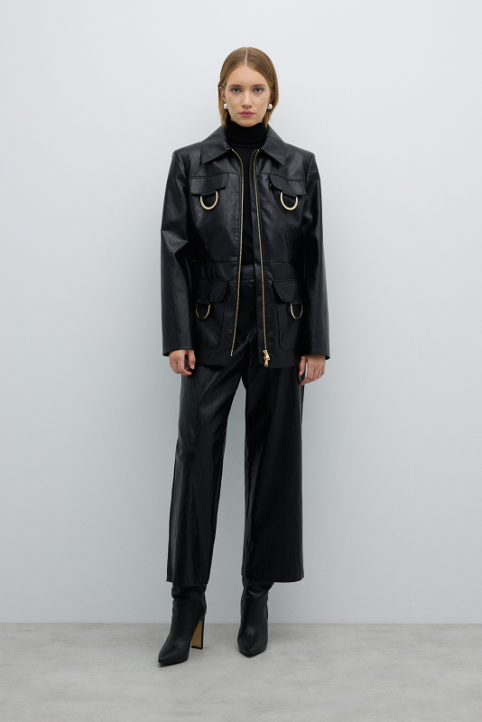 Gold Metal Aksesuarlı Önü Fermuarlı Ceket Siyah - 3