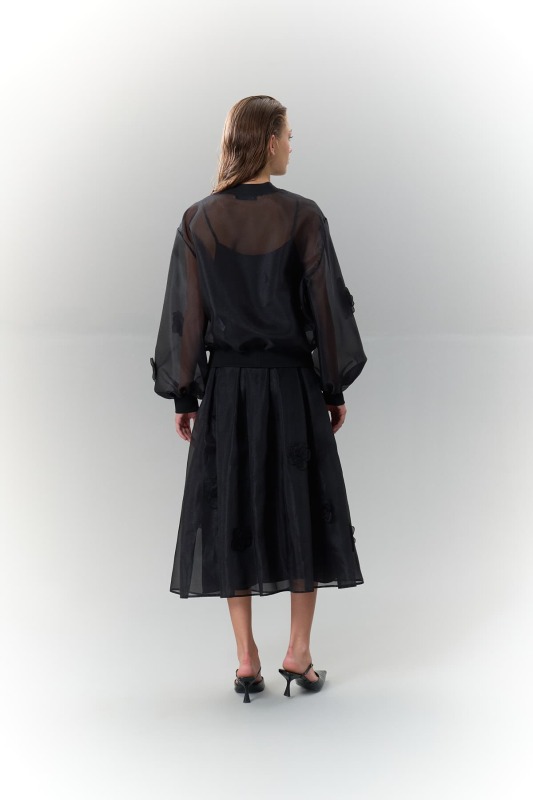 Çiçek Detaylı Fermuarlı Organze Bomber Siyah - Roman (1)