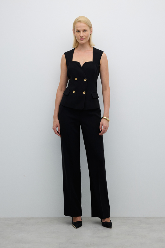 Gold Düğmeli Kruvaze Yelek Siyah - 3