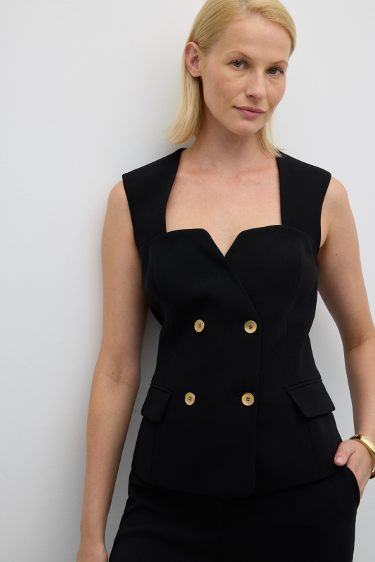 Gold Düğmeli Kruvaze Yelek Siyah - 4
